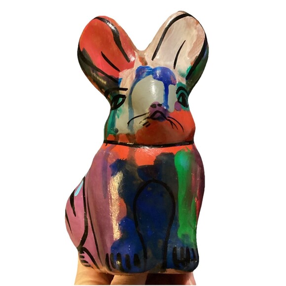 Hand Painted Pottery Mexican Folk Art Bunny Rabbit Coin Bank Talavera Moon - Picture 1 of 12